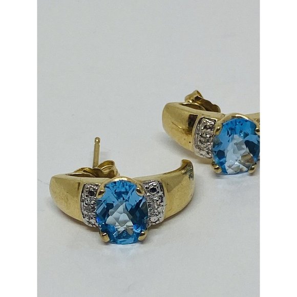 10K Yellow Gold Blue Topaz Diamond Earrings Half Hoop - Picture 4 of 7